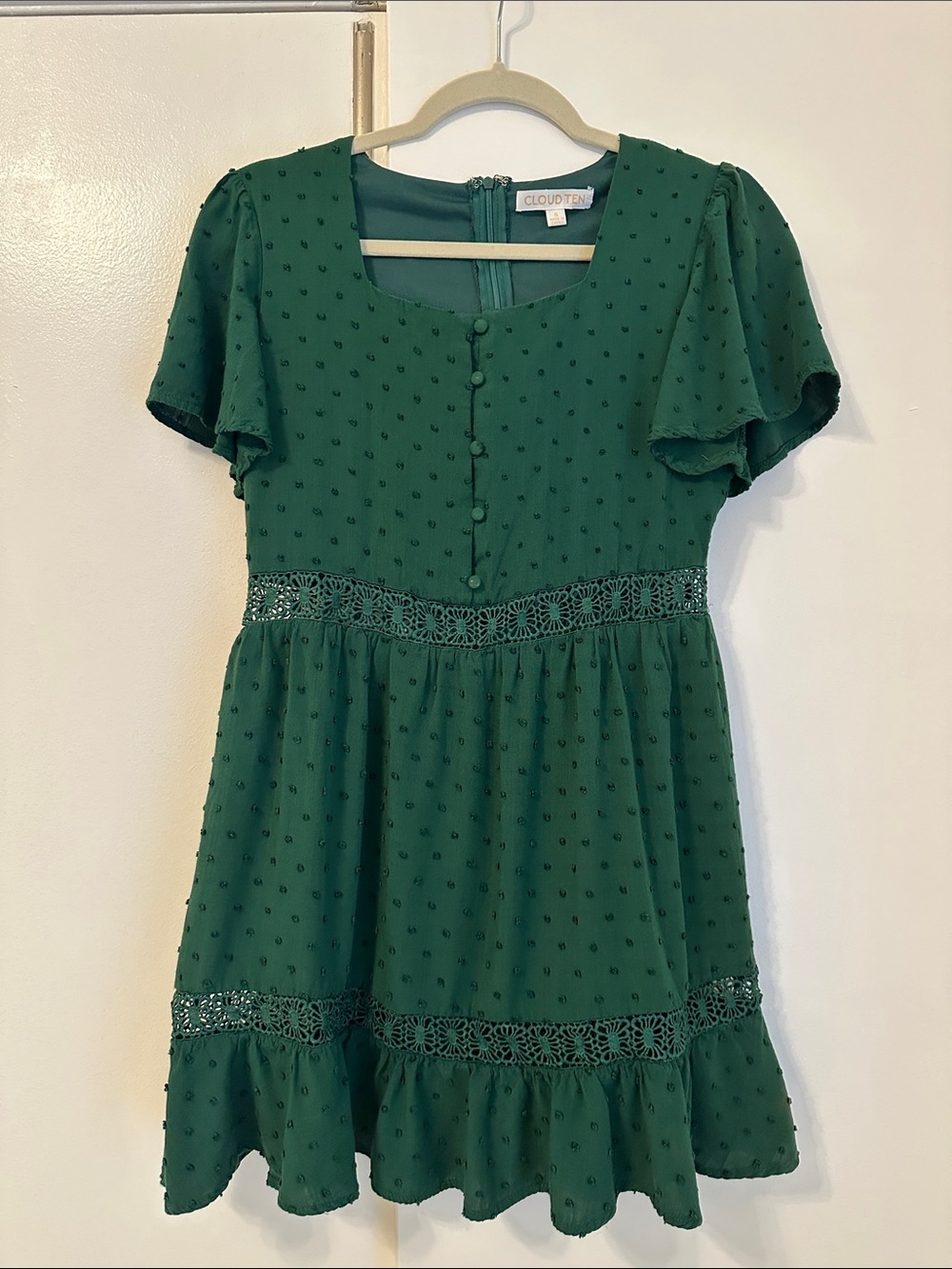 Cloud Ten Green Swiss Dot Crochet Trim Mini Dress